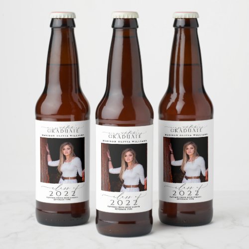 Graduation Congratulations Photo Black Script Beer Bottle Label