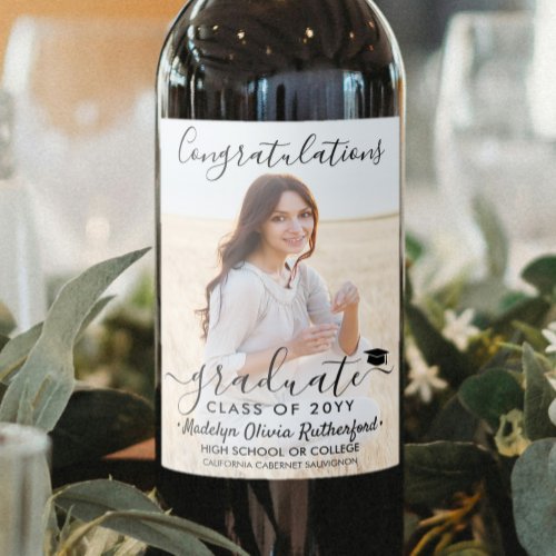 Graduation Congratulations Photo  Black Script Wine Label