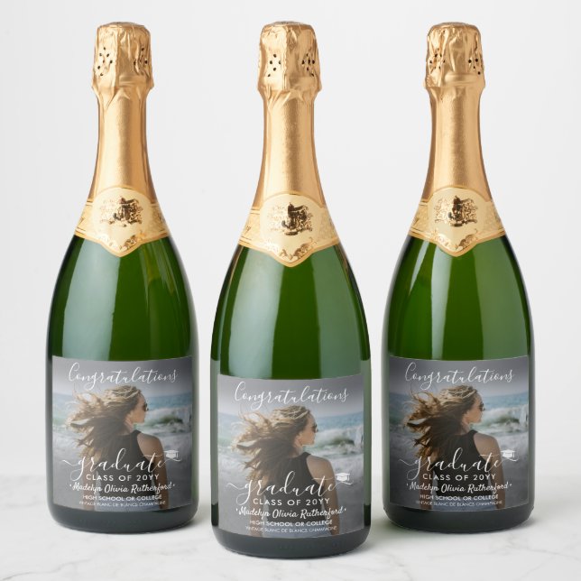 Graduation Congratulations Photo & White Script Sparkling Wine Label (Bottles)
