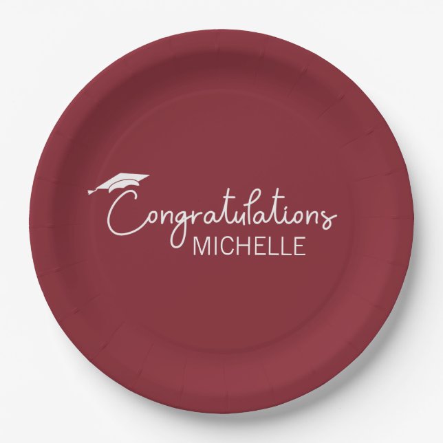 Graduation Congratulations Red White Script Simple Paper Plates (Front)