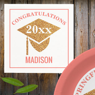 Graduation Coral Pink Gold Cap Congratulations Napkins