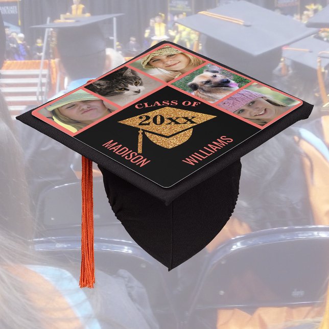Graduation Coral Pink Gold Celebration 5 Photo Cap Topper (Creator Uploaded)
