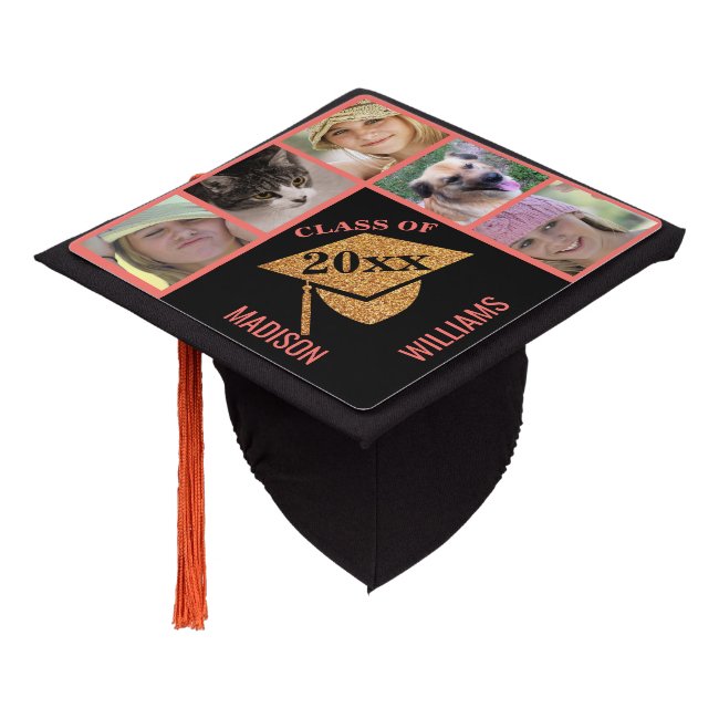 Graduation Coral Pink Gold Celebration 5 Photo Graduation Cap Topper
