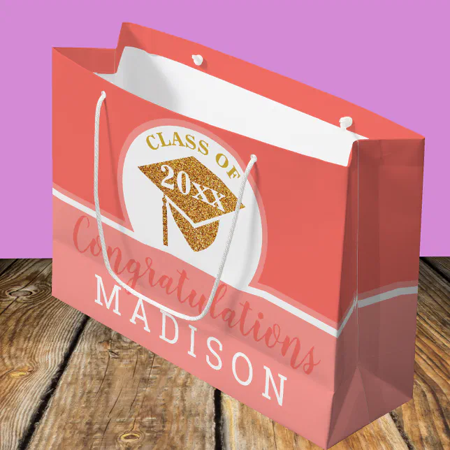 Graduation Coral Pink Gold Chic Personalized Large Gift Bag | Zazzle