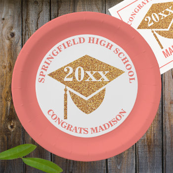 Graduation Coral Pink Gold Decorative Party Paper Plates by ArtfulDesignsByVikki at Zazzle