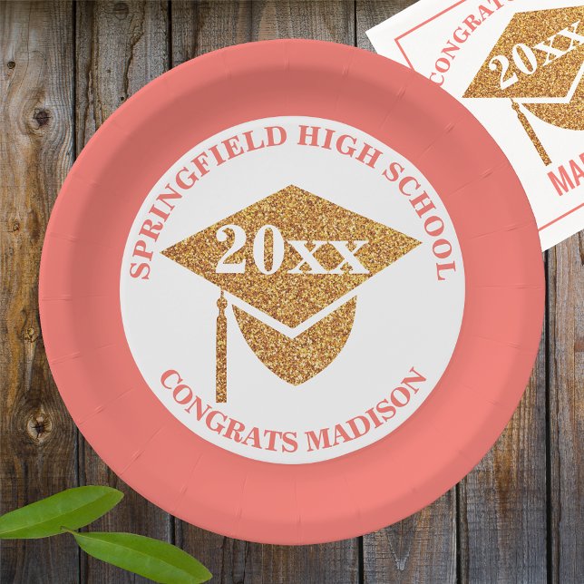 Graduation Coral Pink Gold Decorative Party Paper Plates (Creator Uploaded)