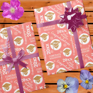 Graduation Coral Pink Gold Typography Add Year Wrapping Paper