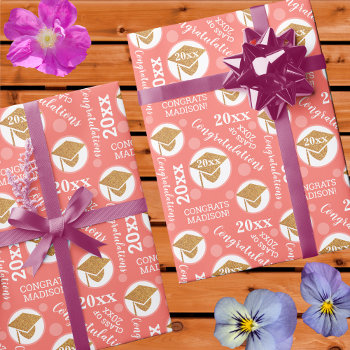 Graduation Coral Pink Gold Typography Add Year Wrapping Paper by ArtfulDesignsByVikki at Zazzle