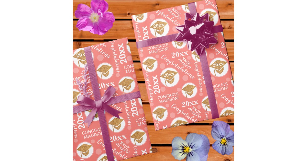 Graduation Coral Pink Gold Typography Add Year Wrapping Paper | Zazzle