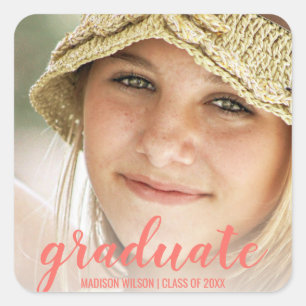 Graduation Coral Pink White Overlay Trendy Photo Square Sticker