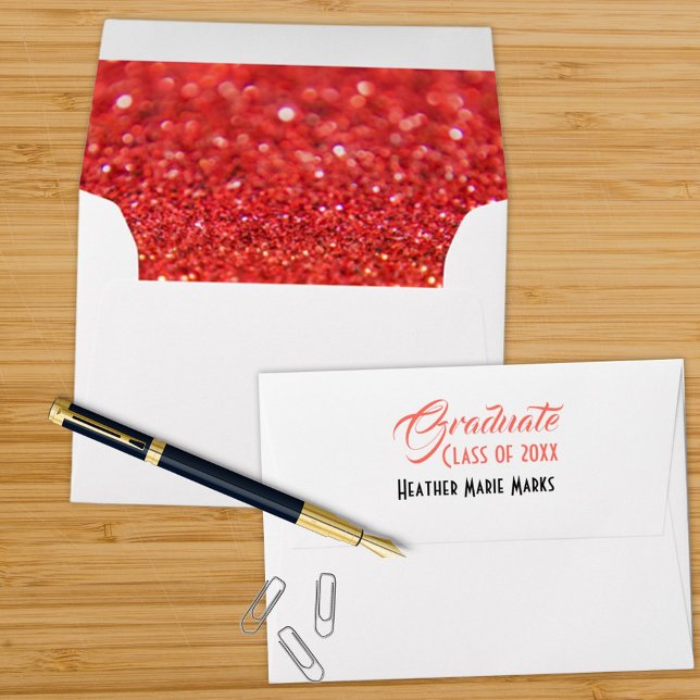 Graduation Coral Typography Glitter Bokeh Inside Envelope (Creator Uploaded)