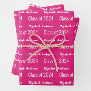 Graduation Cursive Grad Full Name Hot Pink & White Wrapping Paper Sheets