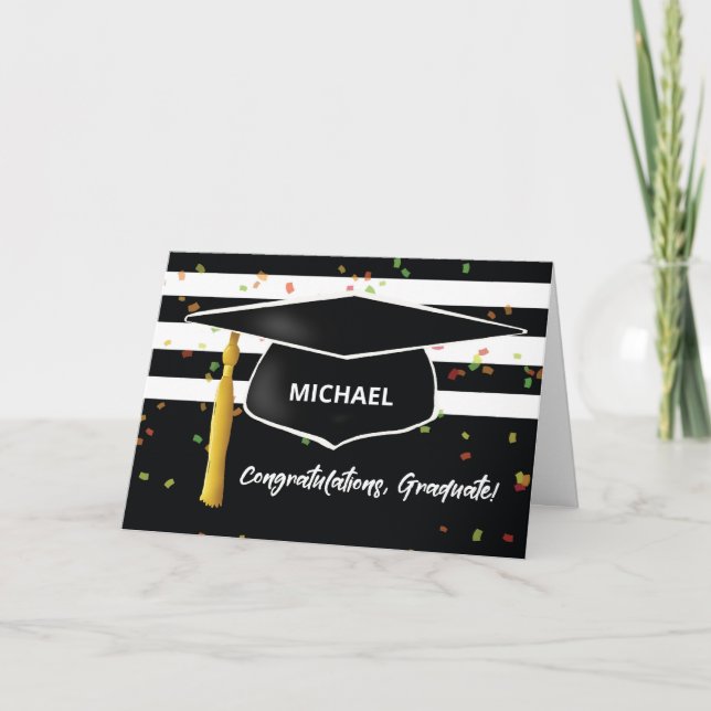 Graduation Custom Name With Cap and Black White Card (Front)
