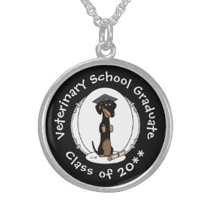 Graduation Dachshund (black & tan) - Cute dog Sterling Silver Necklace