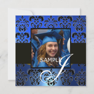 GRADUATION DAMASK MONOGRAM , blue white black Invitation