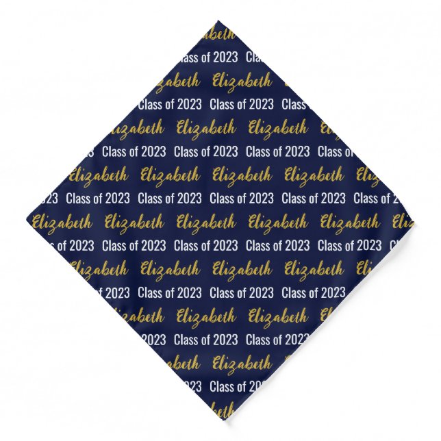 Graduation Dark Blue White Gold Pattern Grad Name Bandana (Front)