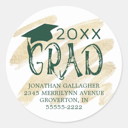 Graduation Dark Green Gold GRAD Return Address Classic Round Sticker