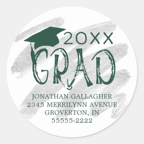 Graduation Dark Green Silver GRAD Return Address Classic Round Sticker