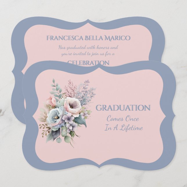 Graduation Daughter Blue Pink Floral Invitation (Front/Back)
