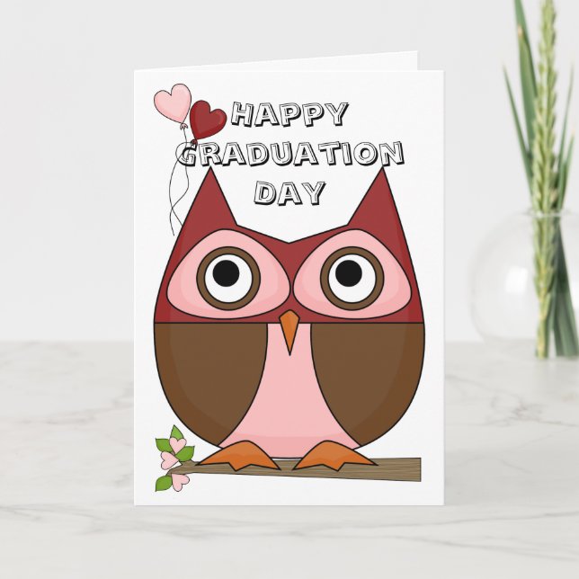 Graduation Day - Folksy Owl & Heart Balloons Card (Front)