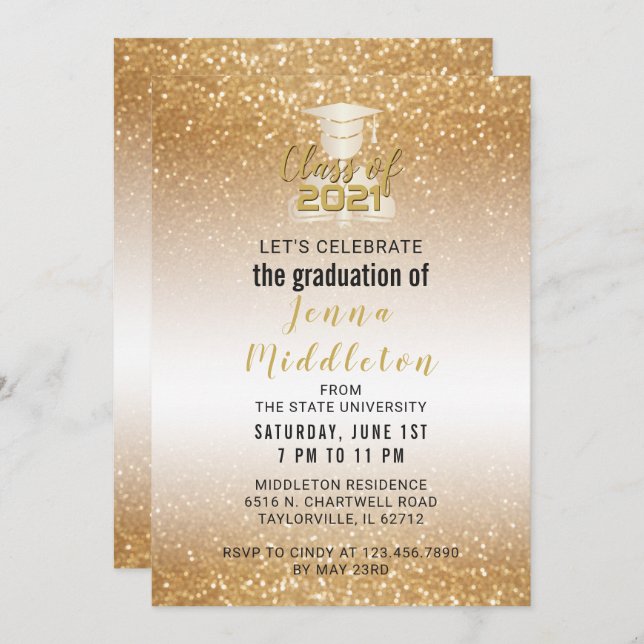 Graduation Design in A Glitter Gold Invitation (Front/Back)
