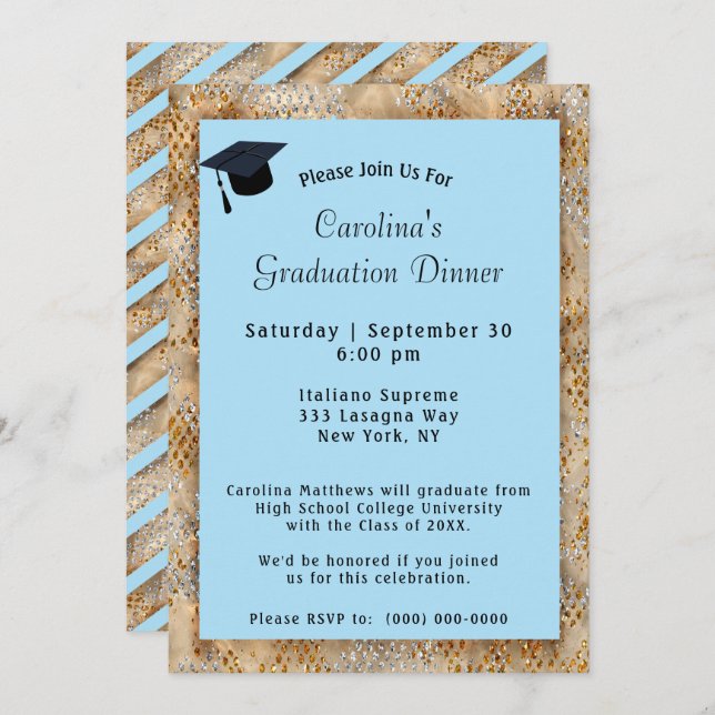 Graduation Dinner Cap Blue Graduation Invitation (Front/Back)
