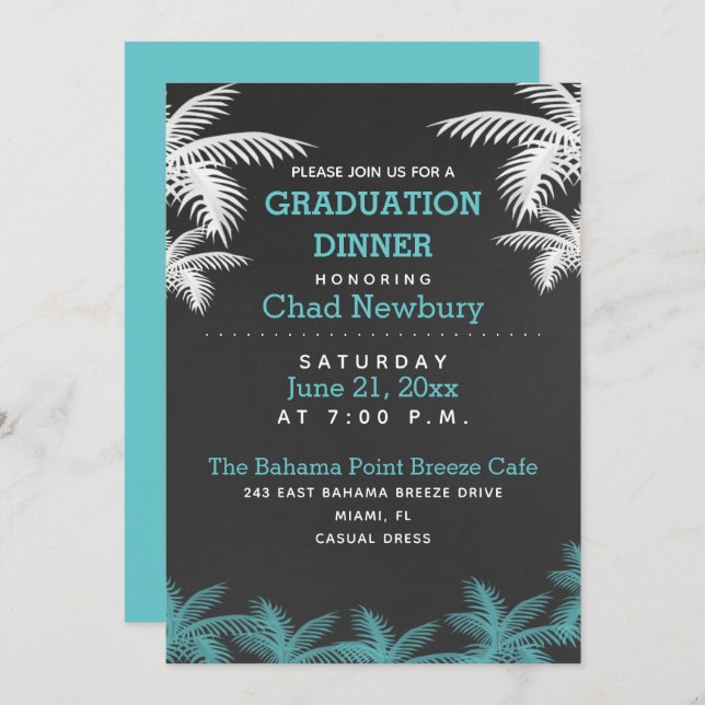 Graduation Dinner Palm Tree Chalkboard Tropical Invitation (Front/Back)
