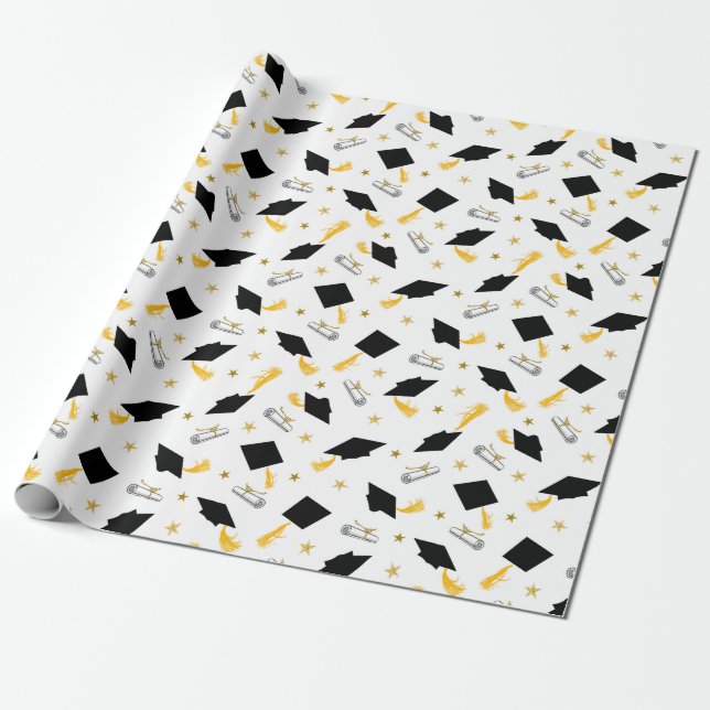 Graduation Diploma and Caps Wrapping Paper (Unrolled)