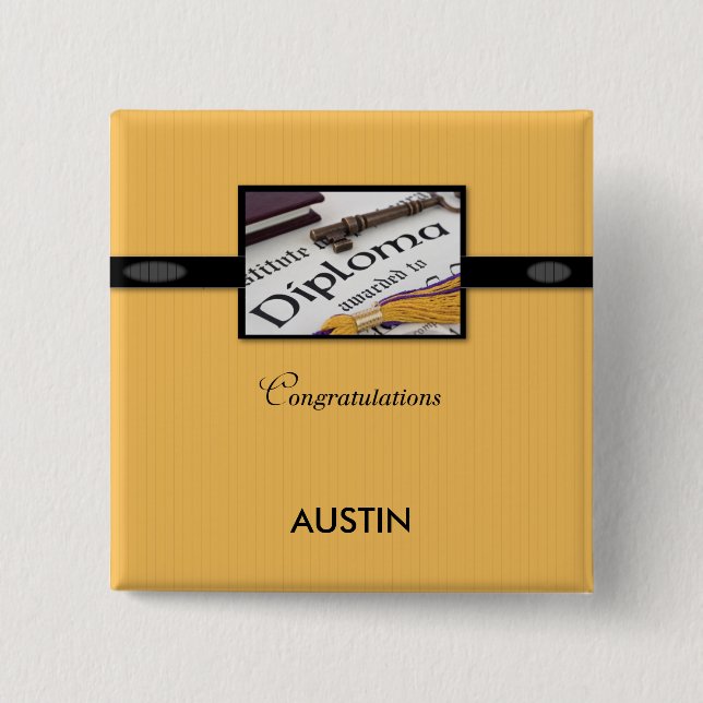 Graduation Diploma, Black, Gold, Square Gift Button (Front)