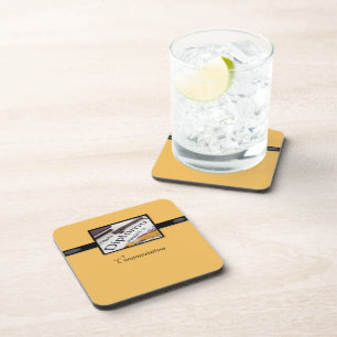 Graduation Diploma, Black, Gold, Square Gift Coaster