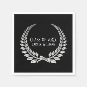 Graduation Diploma Silver Laurel on Black Napkins