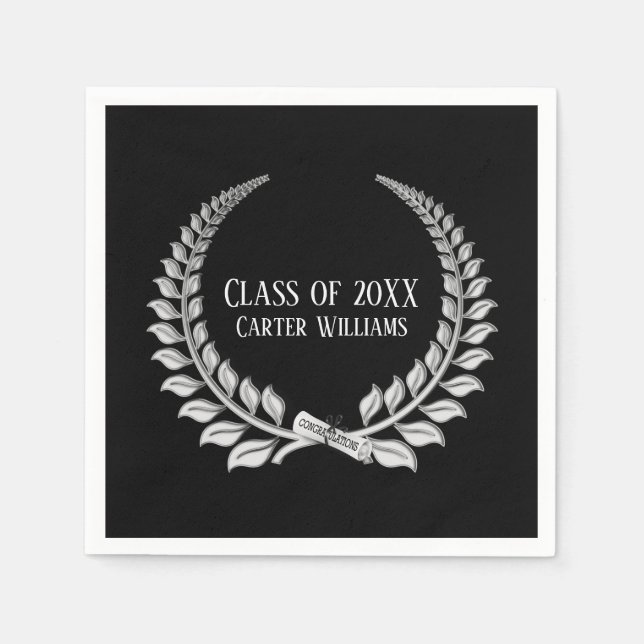 Graduation Diploma Silver Laurel on Black Napkins (Front)