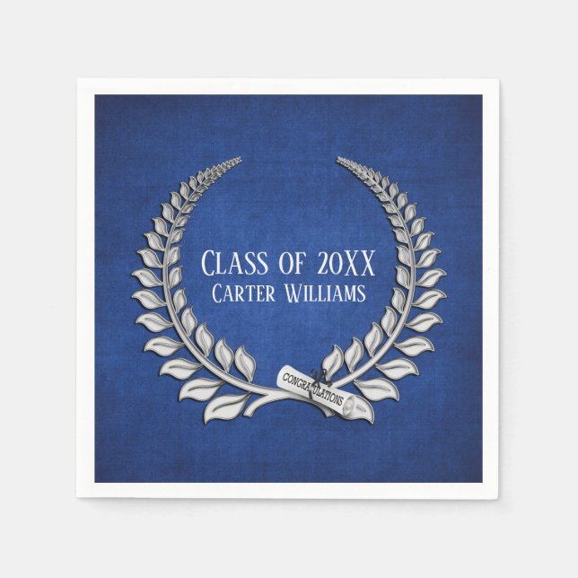 Graduation Diploma Silver Laurel on Blue  Napkins (Front)