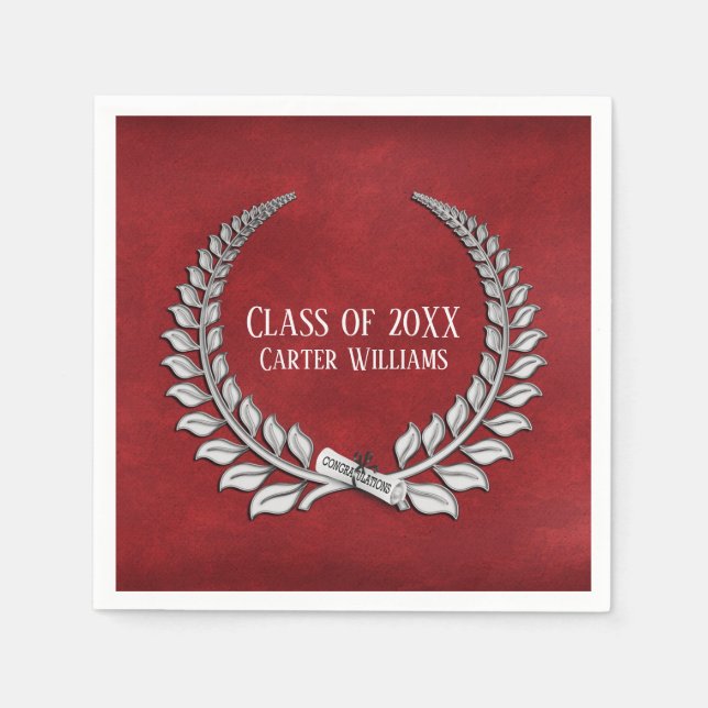 Graduation Diploma Silver Laurel on Red Napkins (Front)