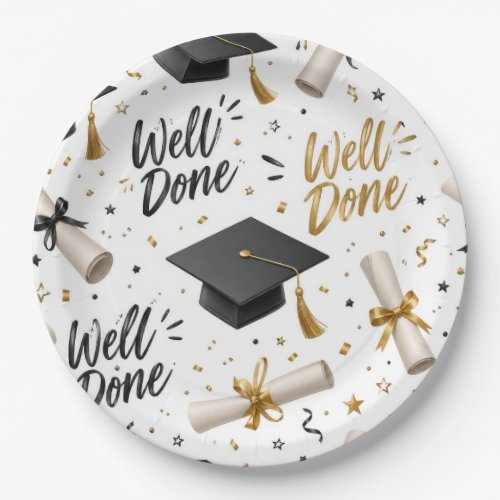 Graduation Diplomas, Caps with Well Done Text  Paper Plates