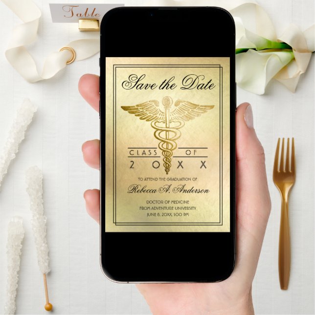 Graduation Doctor Caduceus Gold Elegant Save The Date (Front Digital)