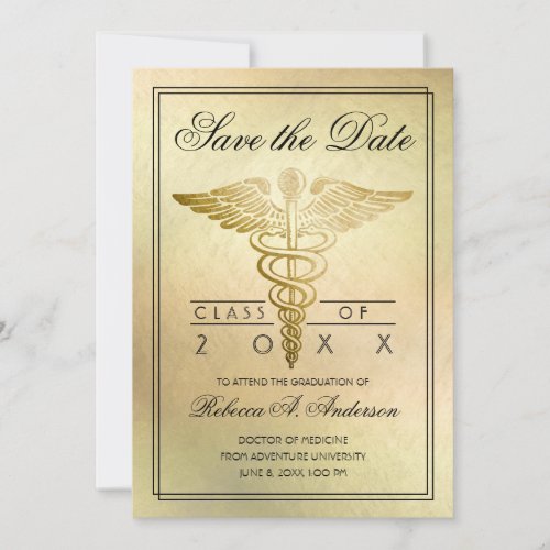 Graduation Doctor Caduceus Gold Elegant Save The Date