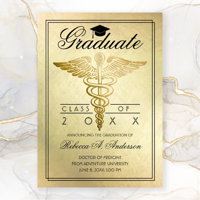 Graduation Doctor Caduceus Gold Grad Cap Announcement (Medical Gold Cadences Graduation Announcement)