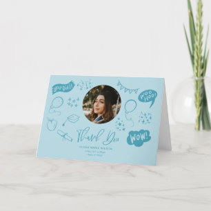 Graduation Doodle With Graduate Photo Blue Thank You Card