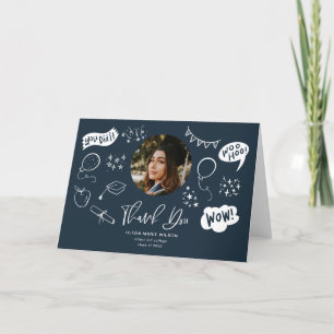 Graduation Doodle With Graduate Photo Navy Blue Thank You Card