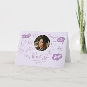Graduation Doodle With Graduate Photo Purple Thank You Card
