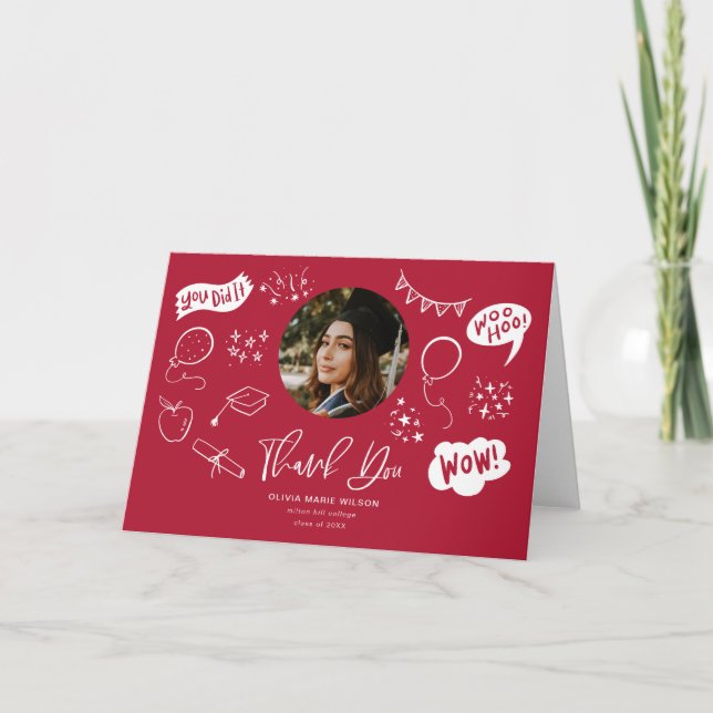 Graduation Doodle With Graduate Photo Red Thank You Card (Front)