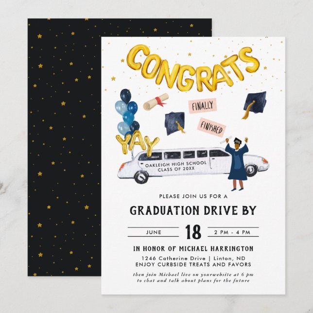 Graduation Drive By Parade Party | White Limo Invitation (Front/Back)