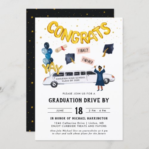 Graduation Drive By Parade Party  White Limo Invitation