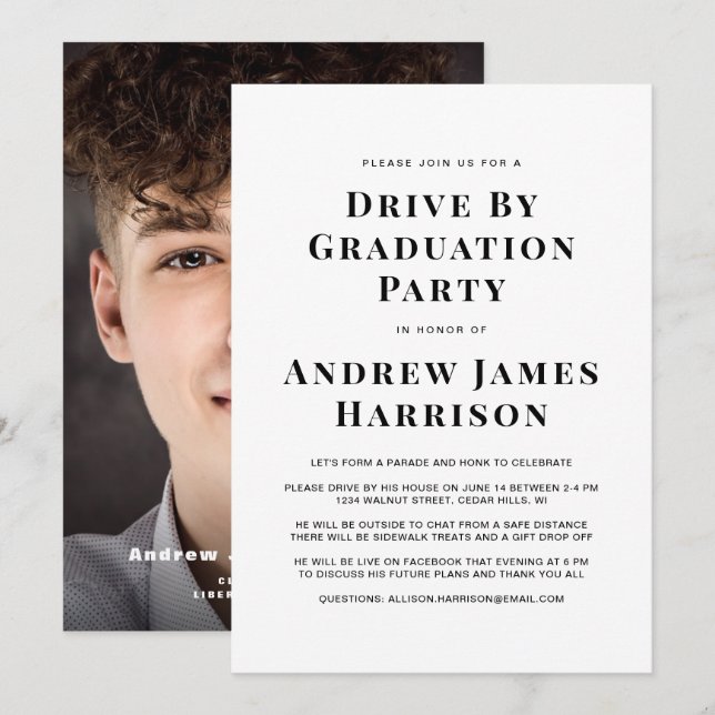 Graduation Drive By Party Minimal Modern Photo Invitation (Front/Back)