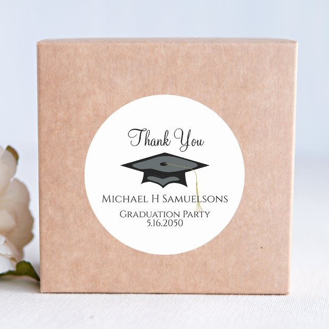 Graduation Elegant Black and Gold Thank You Favor Classic Round Sticker (Creator Uploaded)