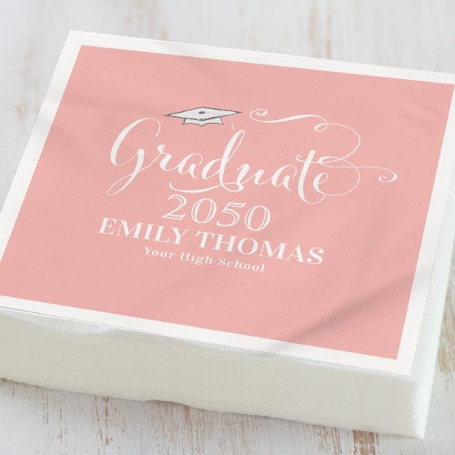 Graduation Elegant Minimalist Mortarboard Peach Napkins