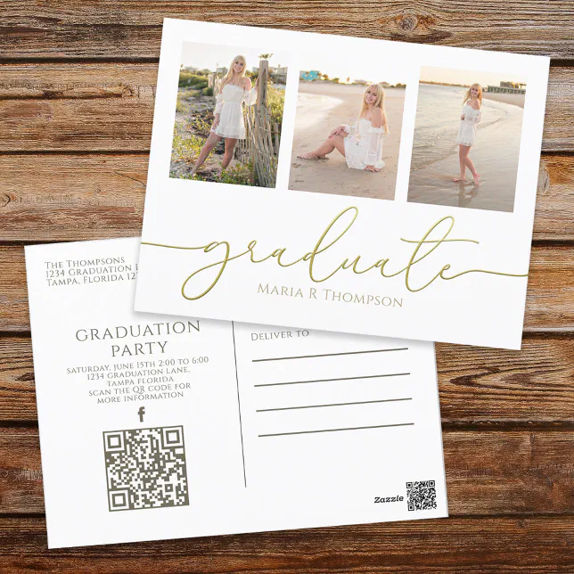 Graduation Elegant Minimalist Three Photo QR Code Postcard | Zazzle
