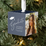 Graduation Elegant Script 4 Photo Blue Cube Ornament<br><div class="desc">A blue ornament graduation gift for grads and their families featuring 4 photos and "Graduate" in a stylish white script. Add the grad's name,  class year and school or university in simple modern white typography.</div>