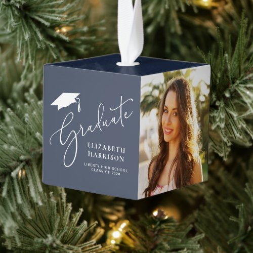 Graduation Elegant Script 4 Photo Blue Cube Ornament